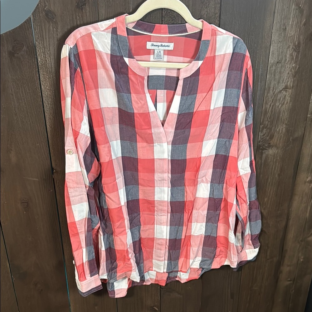 Tommy Bahama Women's Plaid Top - Red and White size L